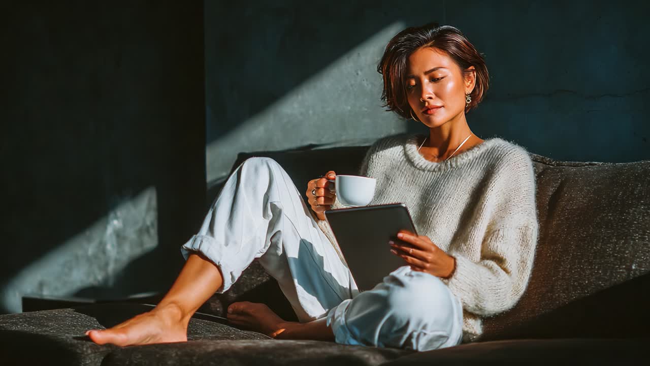 Un tranquillo momento di riflessione: una donna si gode una tazza di caffè caldo mentre legge sul suo tablet in una stanza accogliente e illuminata dal sole
