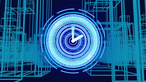 animation of scope scanning with clock over geometrical shapes on black background