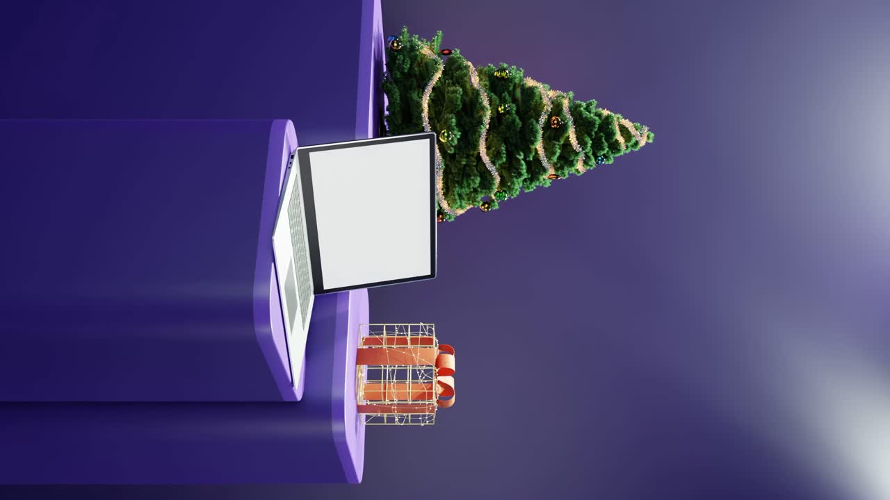 Tecnología Festiva: Un Espacio de Trabajo Navideño Moderno sobre fondo púrpura vertical.