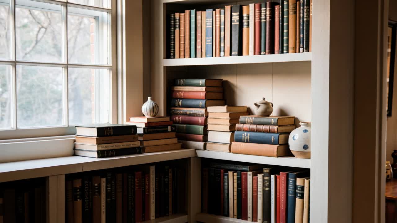 Pulling back camera, corner bookshelf revealing reading nook to show stacked books, window