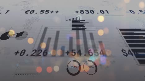 animación de estadísticas y procesamiento de datos financieros sobre luces de carretera de la ciudad fuera de enfoque