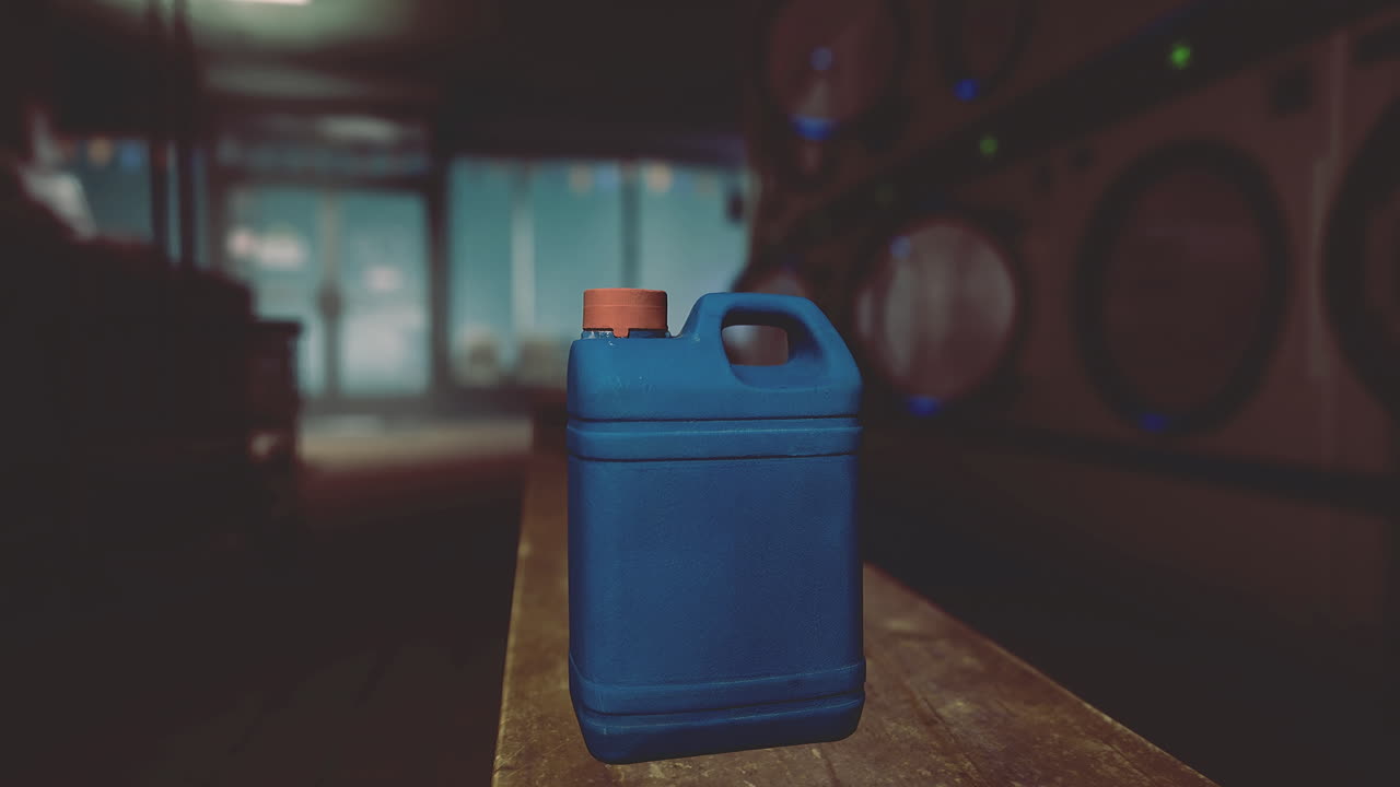 Blue container sitting on a wooden table in a dimly lit laundry room