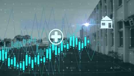 Animation-Von-Finanzdiagrammen-Und-Symbolen-über-Dem-Gebäude