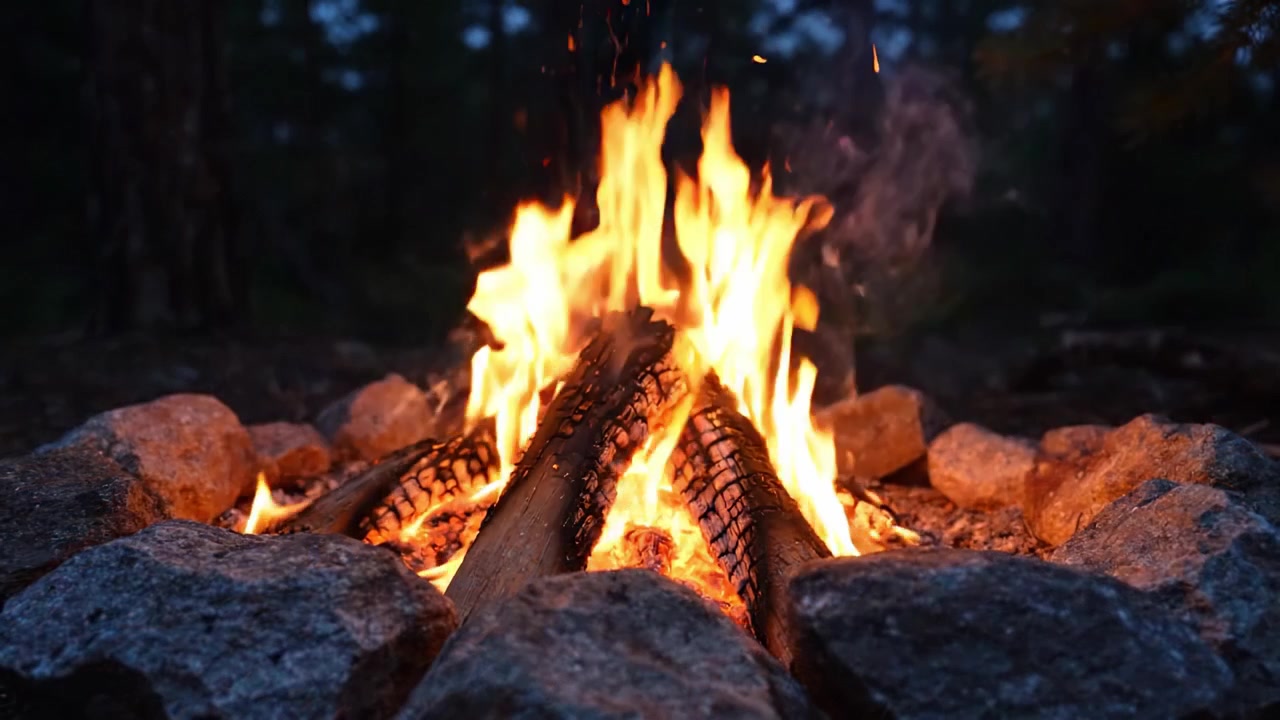 Cautivadoras llamas de hoguera en un entorno forestal con chispas vibrantes y un ambiente acogedor, ideal para la relajación y reuniones al aire libre