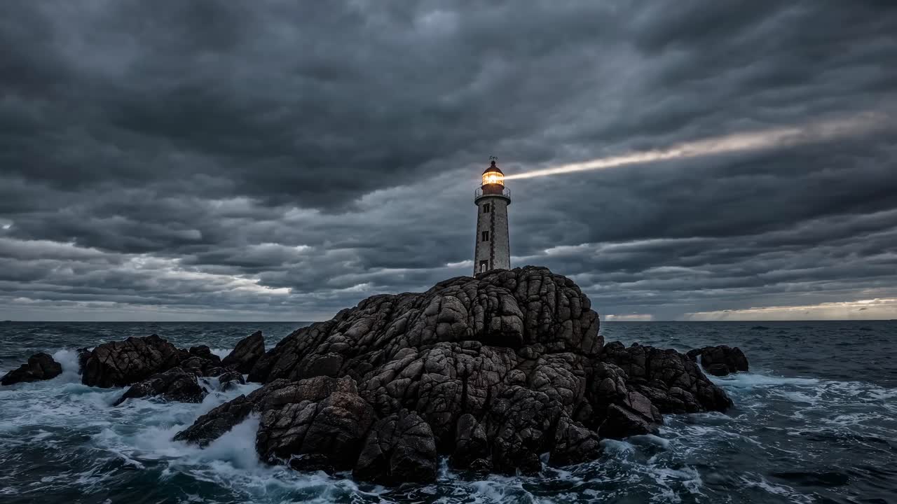 Dramatic video concept of a lighthouse on rocky cliffs, captured from a low angle