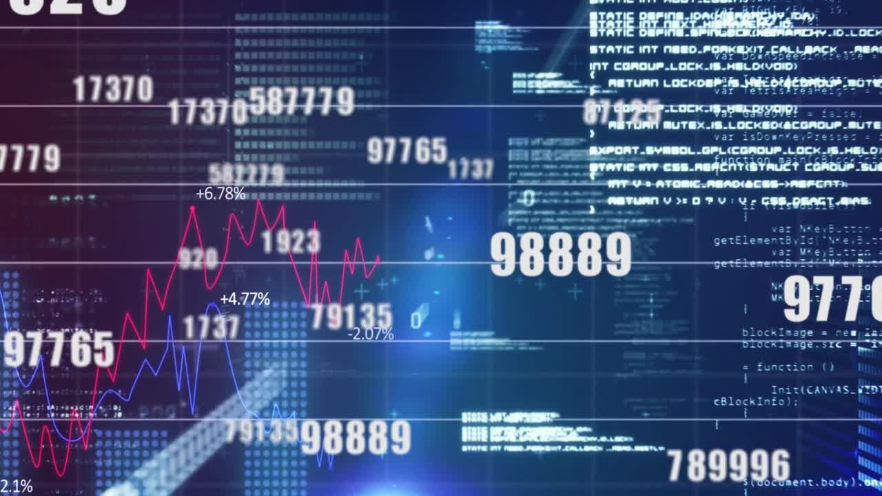Animation of financial data processing over grid on dark background