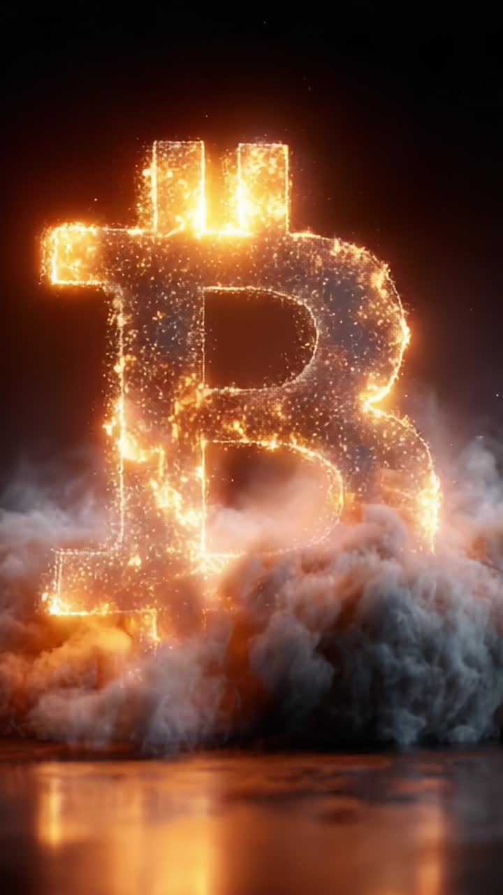 A Stunning Visualization of Cryptocurrency: The Glowing Bitcoin Symbol Emanating Energy and Power Amidst a Dramatic Cloudy Background