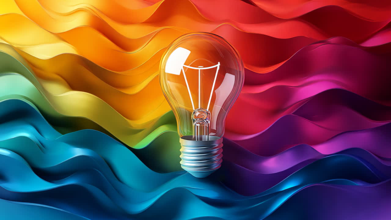 A light bulb is lit up in front of a colorful background. The light bulb is the main focus of the image