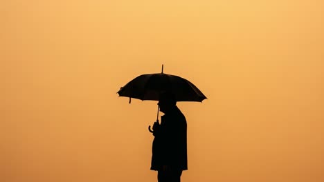 a solitary figure stands against a serene golden sunset, holding an umbrella, capturing the essence of stillness and contemplation in a tranquil atmosphere