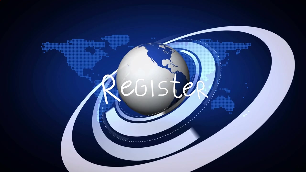 Animation of register text over globe and world map on blue background