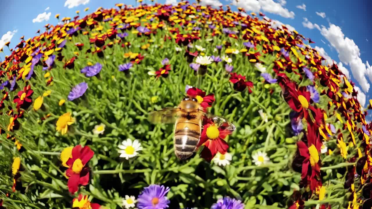 A vibrant fisheye view of a bee flying over colorful flowers, capturing a dynamic, immersive