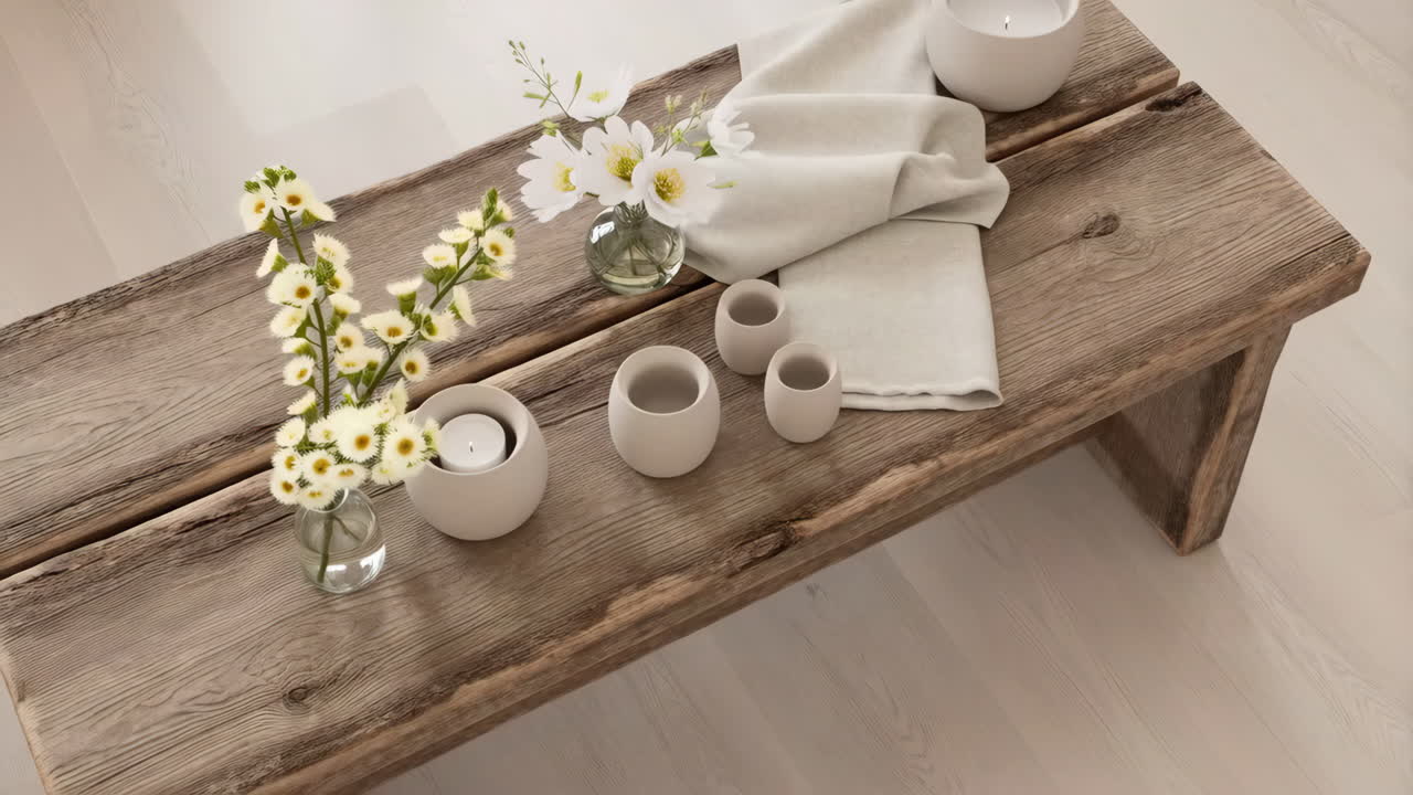 Rustic Wooden Bench with Flowers and Candles Home Decor