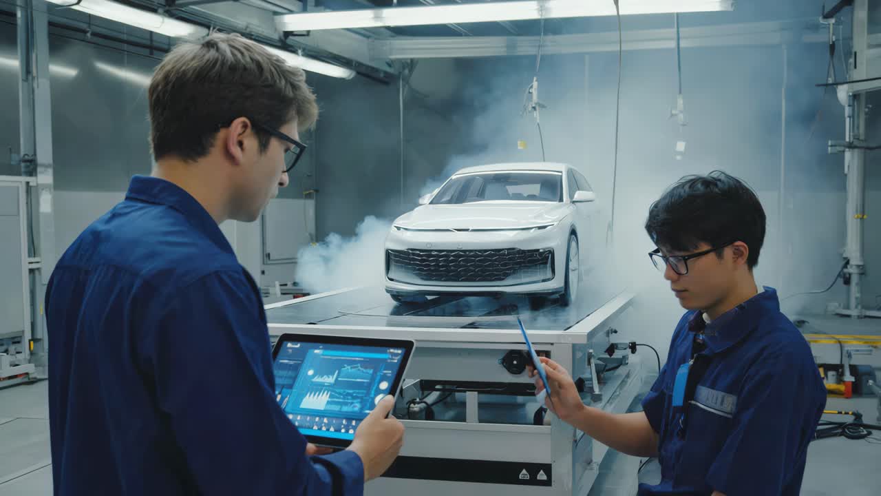 Engineers conducting automotive testing in a laboratory wind tunnel