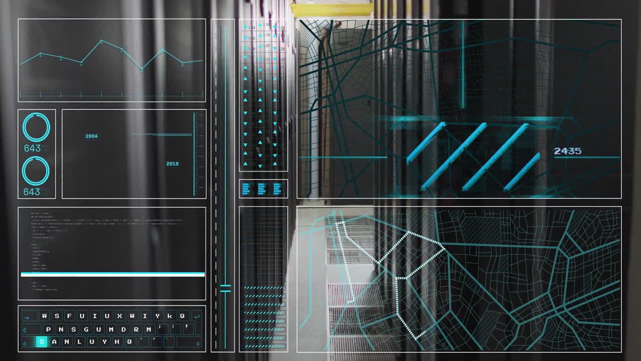 Animation of interface with data processing against computer server room