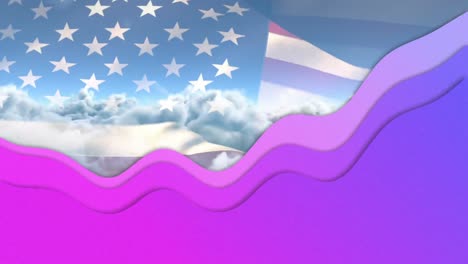 animation of purple waves over american flag, clouds and sky