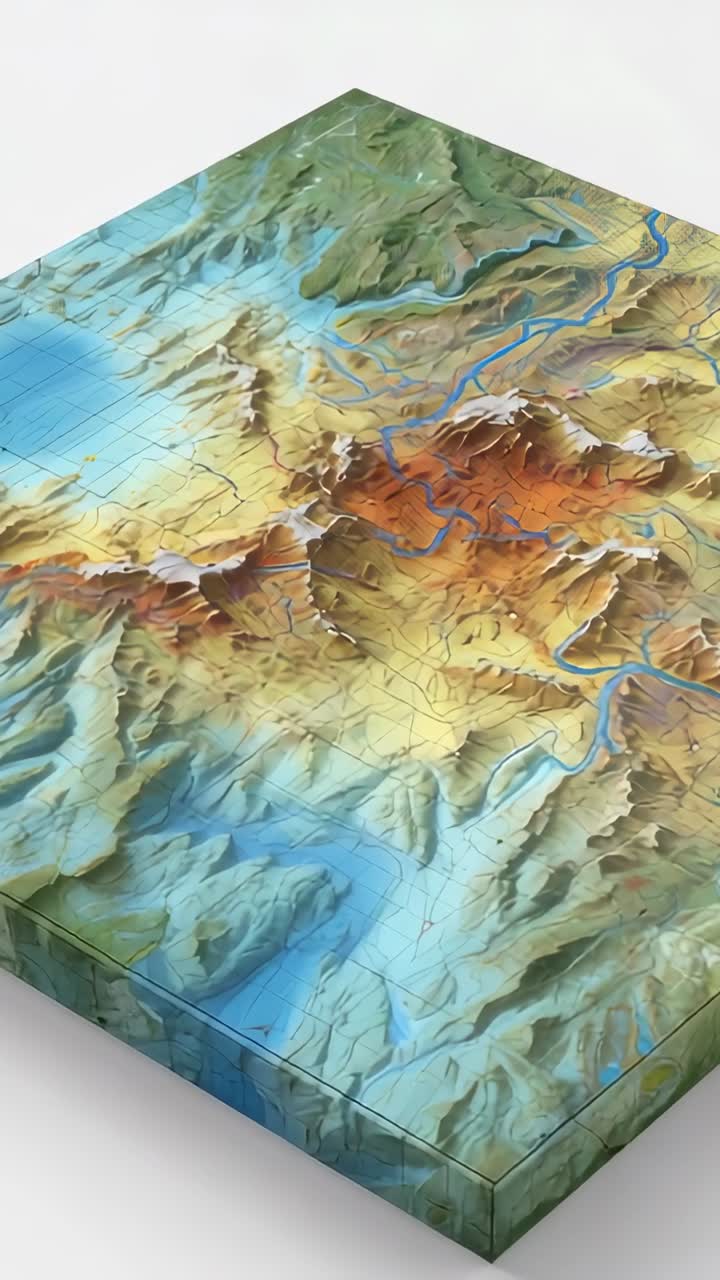 Video verticale: telecamera in orbita che abbassa l'angolo attorno al rendering in 3D in rilievo su una scrivania bianca, rivelando fiumi