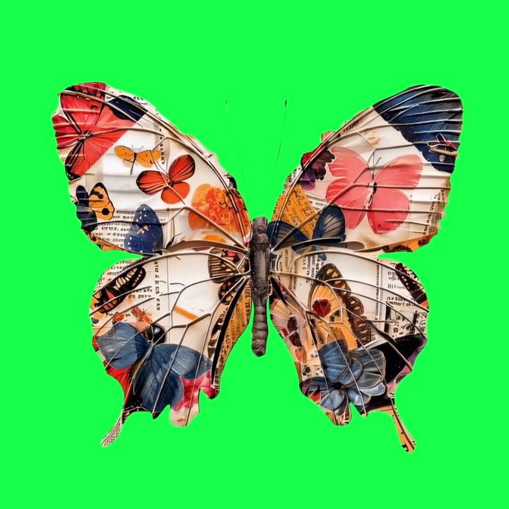Illustrazione artistica di farfalla con texture a collage su sfondo verde