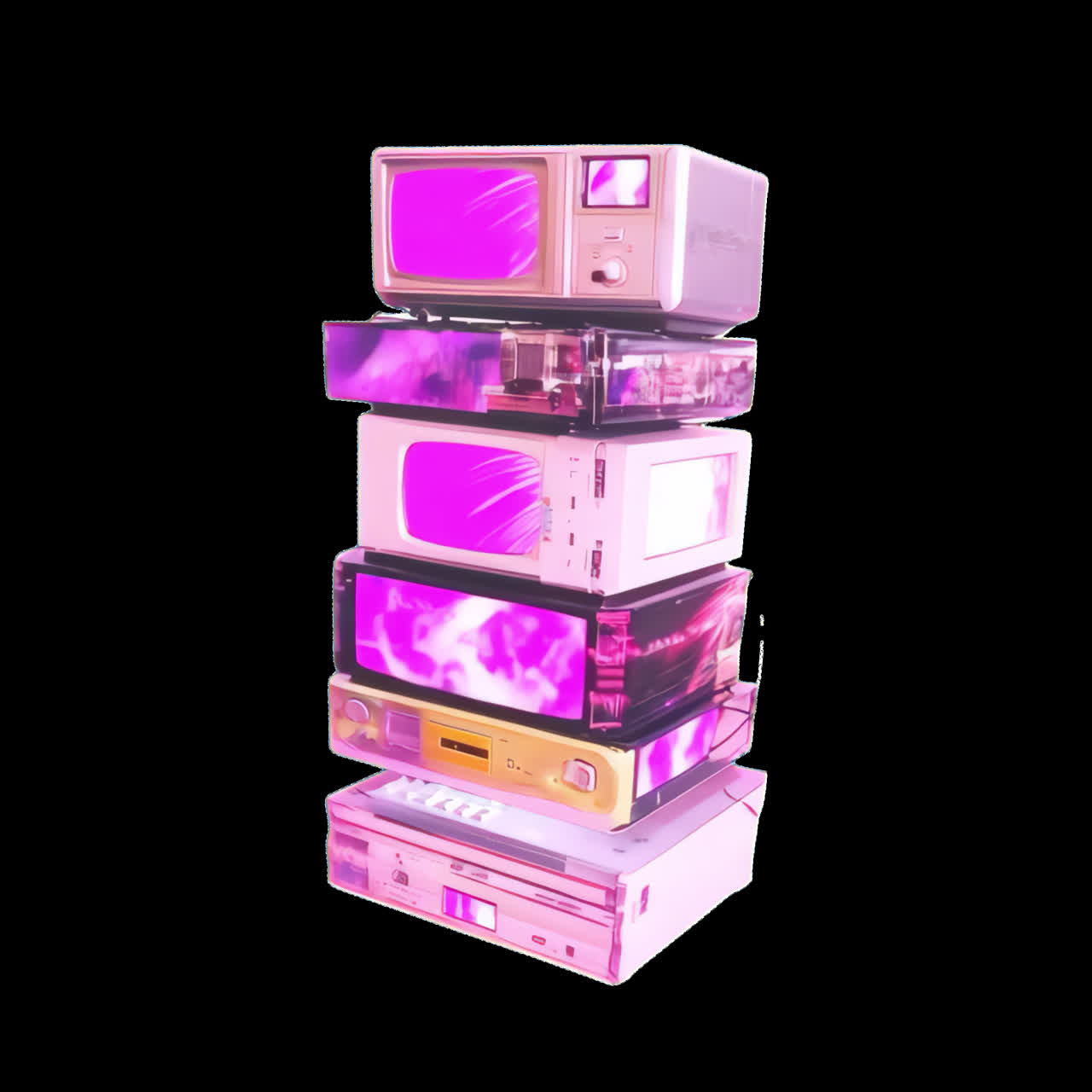 Retro vibrant stacked vintage electronics animation isolated asset, transparent 4K video, alpha