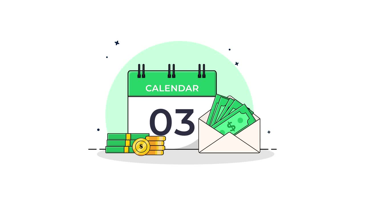 Calendario animato che mostra la data di pagamento con denaro