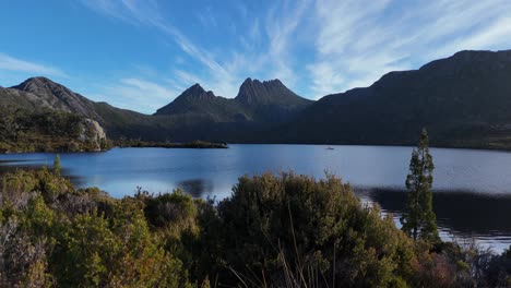 beautiful drone flight revealing dove lake in the cradle mountain area of tasmania.
