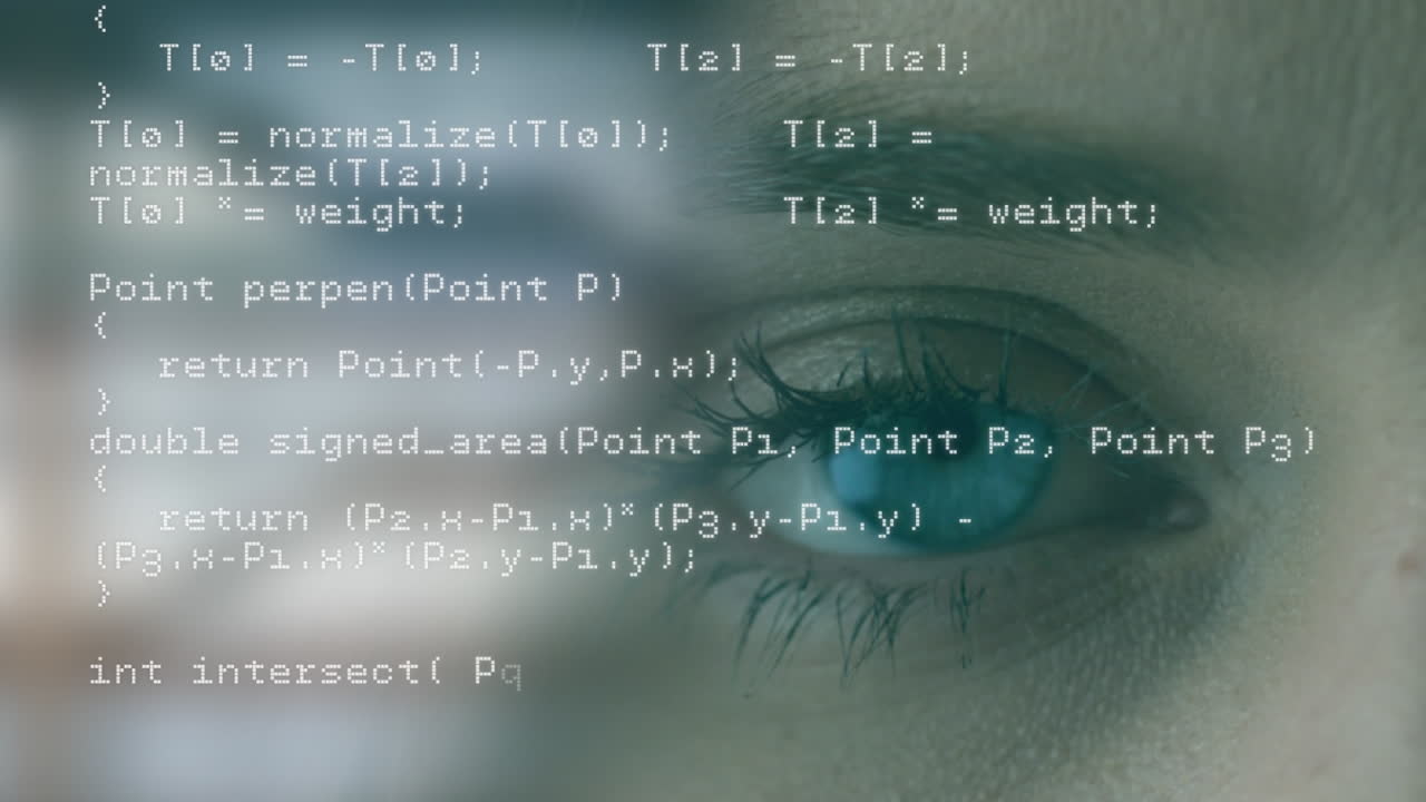 Animation of data processing over eye of caucasian woman