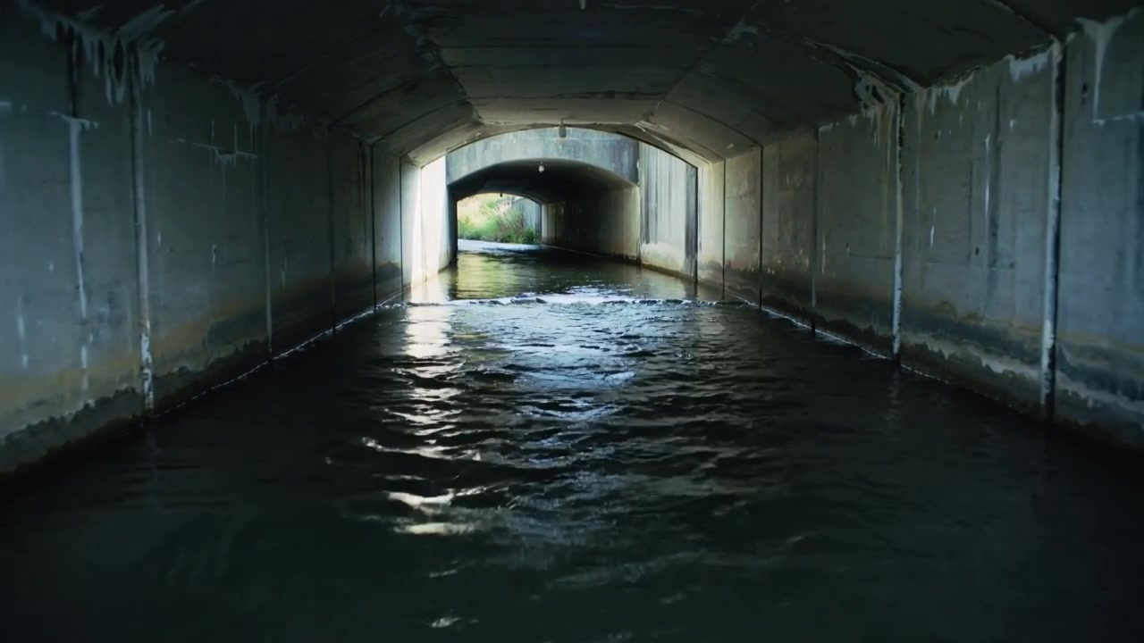 Eine POV-Kamera wird in einen Durchlass geschoben, über Wasser durch Beton zum Lichtausgang, dabei Streifen zeigend.