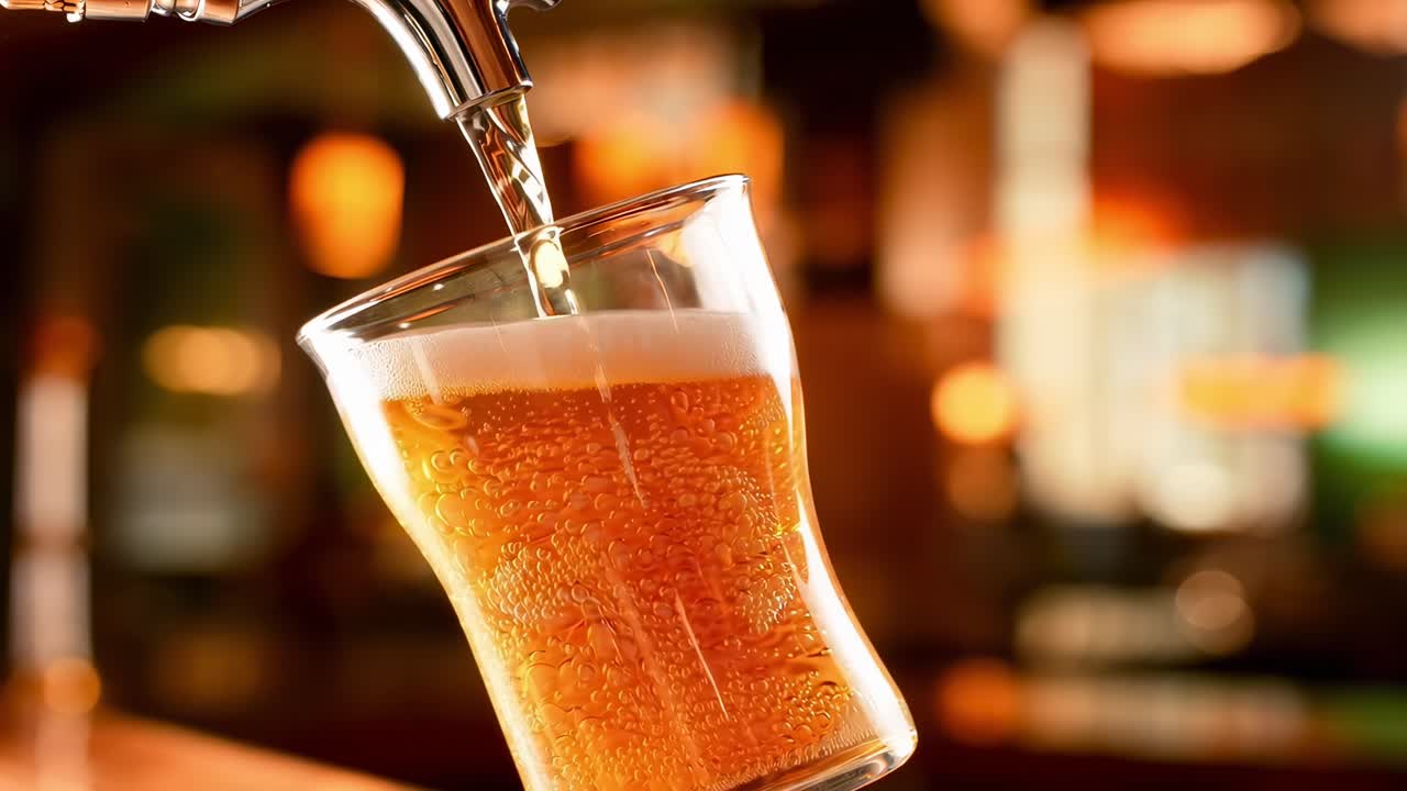 Video ravvicinato con angolazione della camera di birra versata in un bicchiere inclinato, che cattura le bollicine e le tonalità dorate