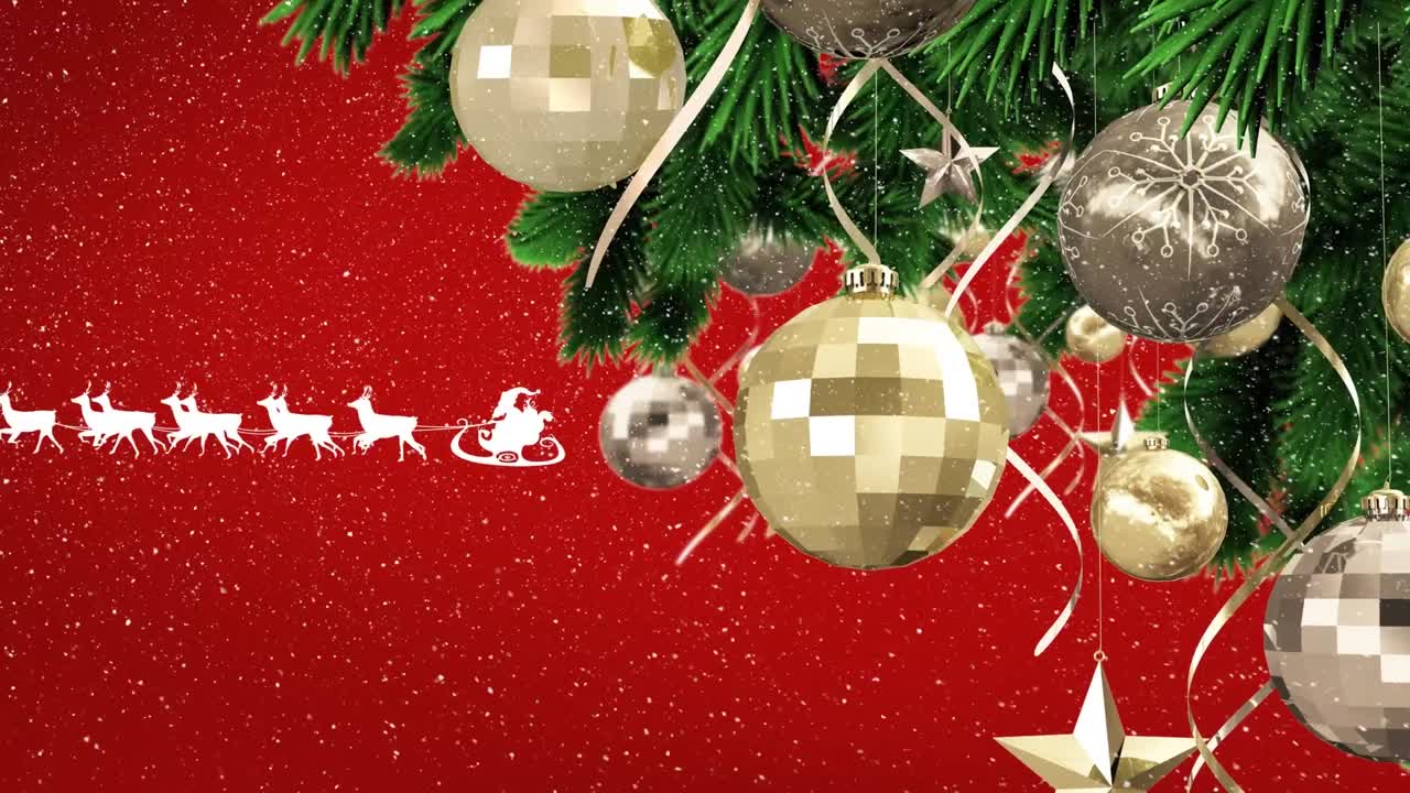 animación de nieve cayendo sobre el árbol de navidad sobre fondo rojo