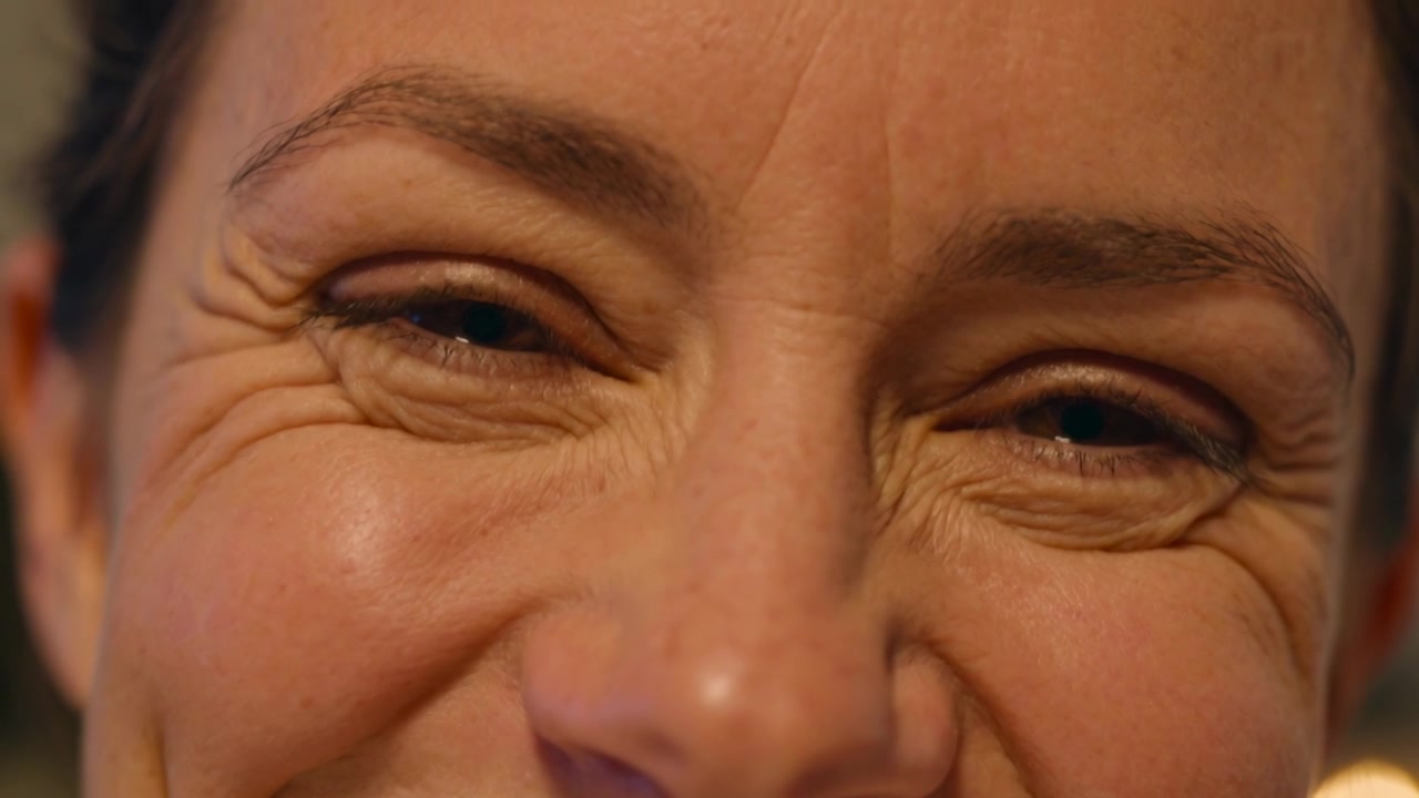 In risposta all'avvicinamento della telecamera, una donna allarga il sorriso, socchiude gli occhi, appoggiata a casa con un caldo effetto bokeh.