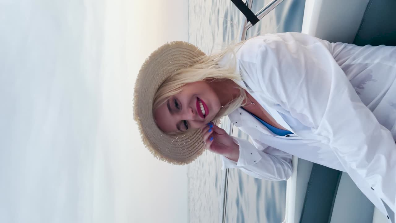 joven y hermosa mujer caucásica con una camisa blanca y un sombrero fedora sentado en el barco