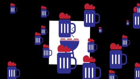 animación de copas de cerveza en los colores rojo y azul de la bandera de los estados unidos de américa