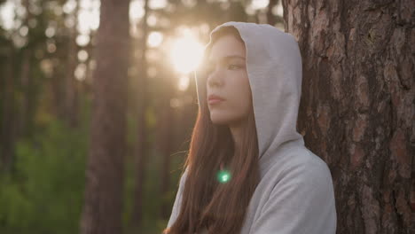 mujer con capucha se apoya en un árbol en el crepúsculo de la noche. señora triste se encuentra en el bosque sola pensando en la experiencia dolorosa en el aire fresco al atardecer. sensación de soledad