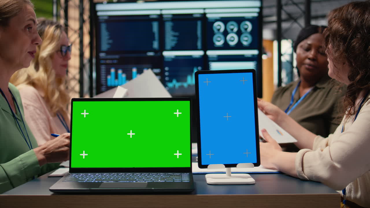 Company associates using copy space screen to present business insights