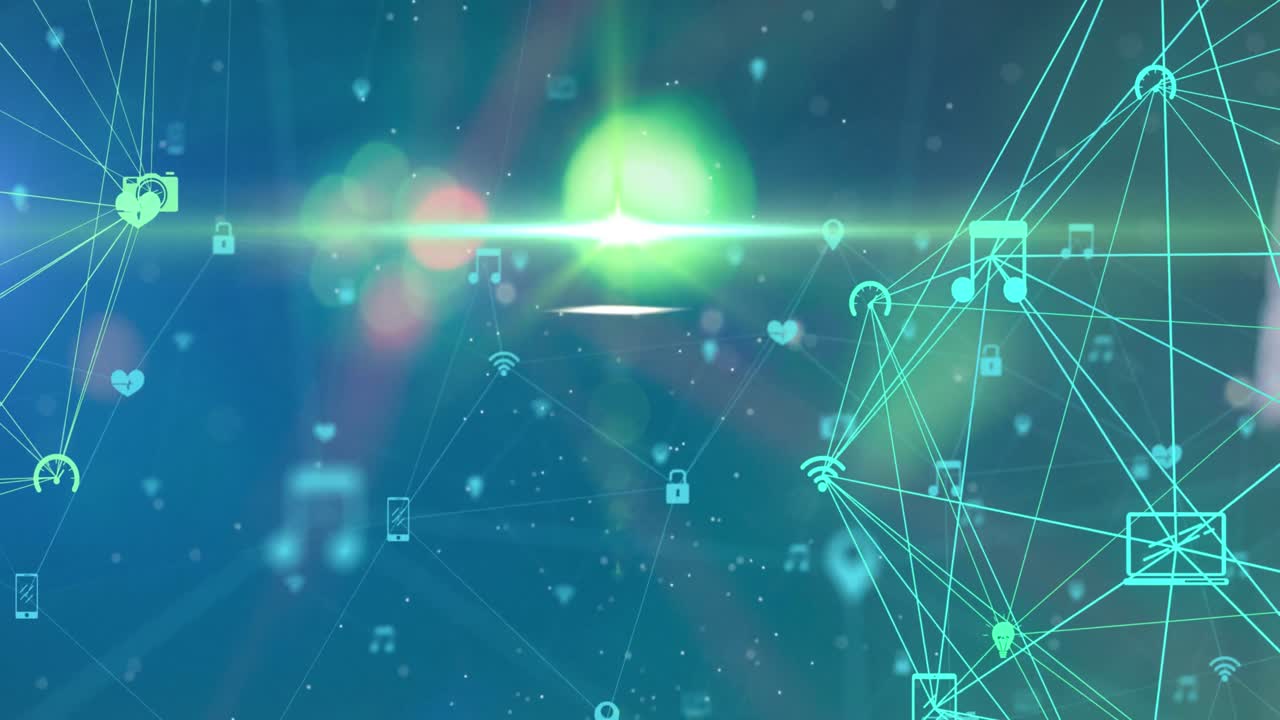 파란색 배경에 빛의 반점에 대한 연결 네트워크의 지구의 디지털 애니메이션