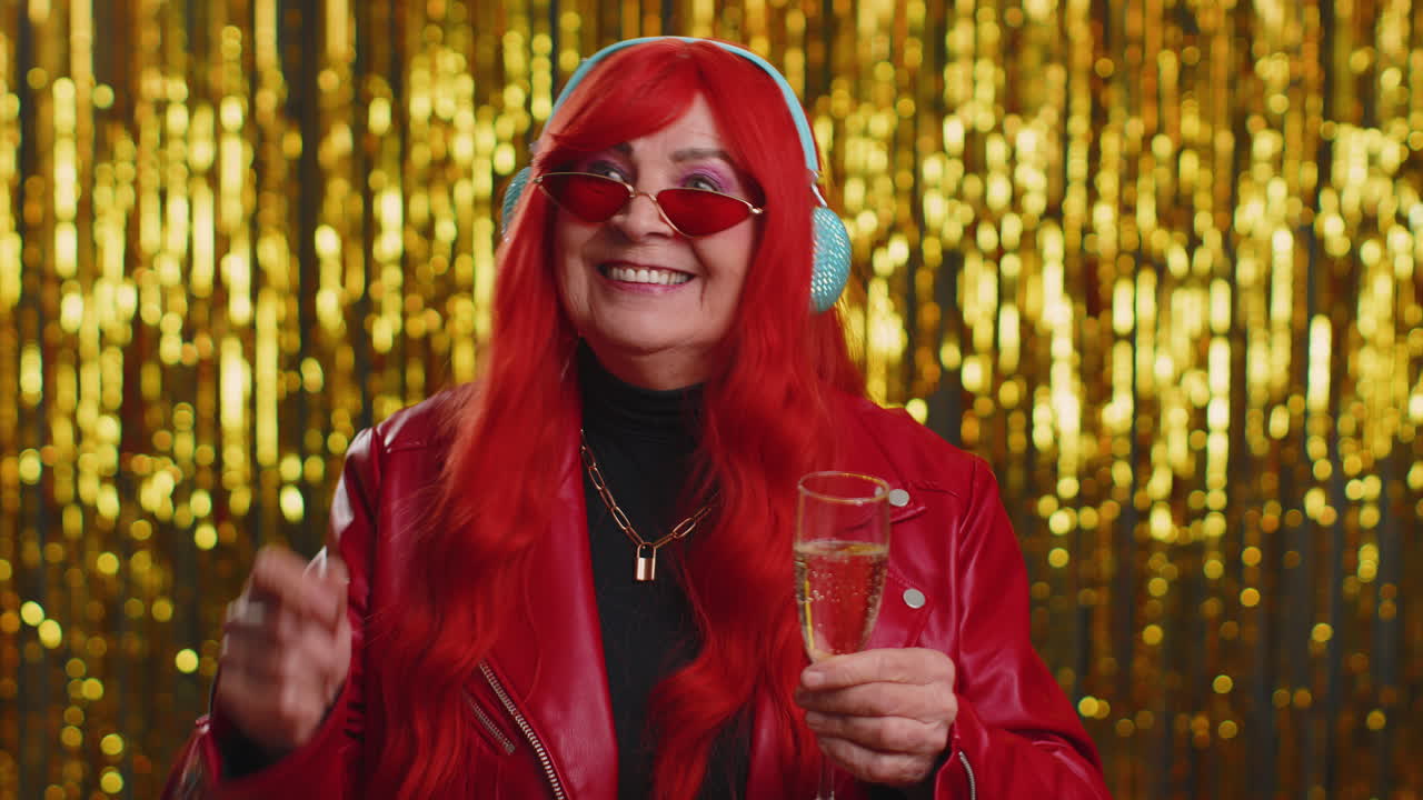 una anciana divertida escuchando música, sonriendo bailando a la música discoteca bebiendo champán divirtiéndose