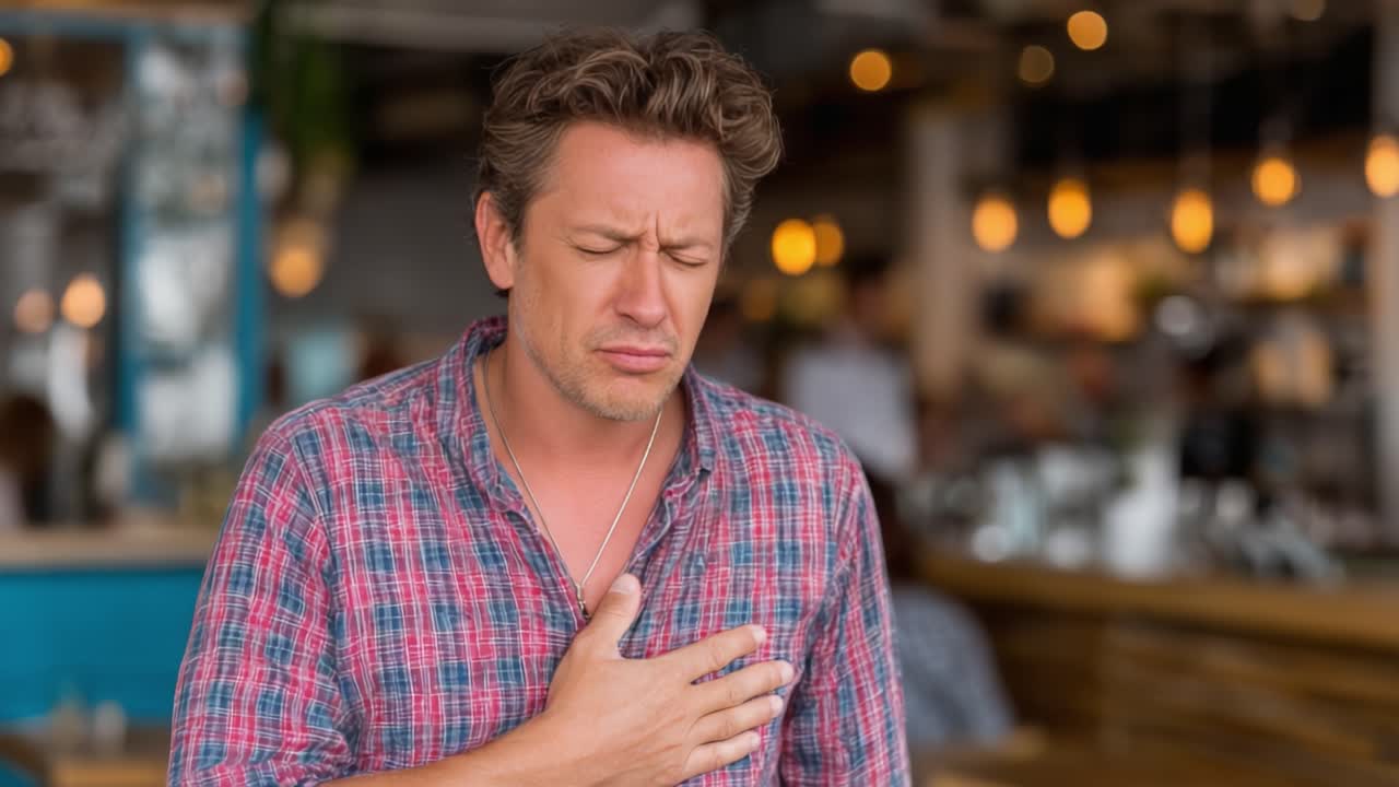 A man experiences discomfort while holding his chest, portraying an emotional moment in a casual cafe setting, reflecting feelings of concern or distress
