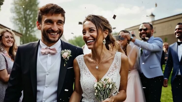 Joyful wedding scene with a couple smiling, captured at eye level