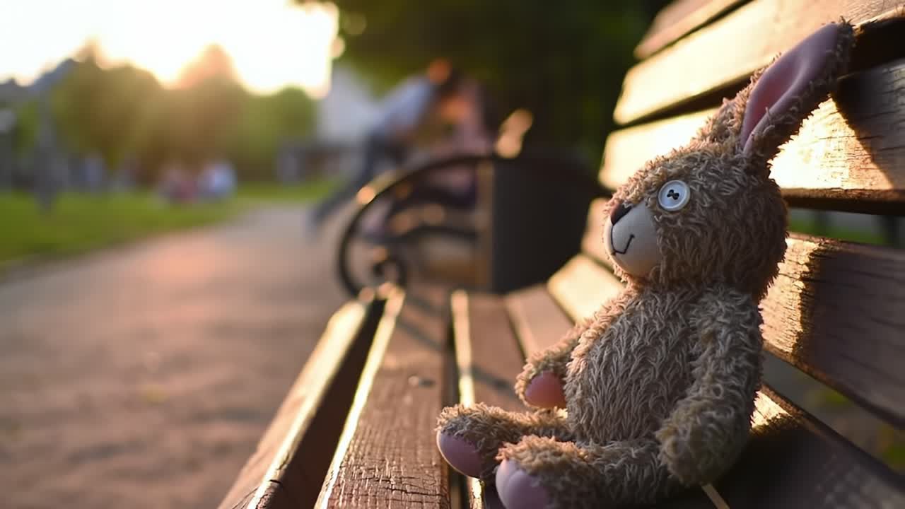 A Soft, Cuddly Toy Rabbit Relaxing on a Park Bench as the Sun Sets, Capturing a Moment of Nostalgia and Peace in Nature's Embrace