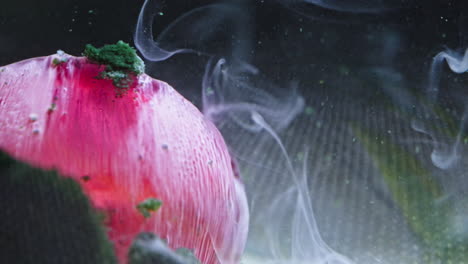 dissolving pill in liquid with pink color and smoke rising from the surface