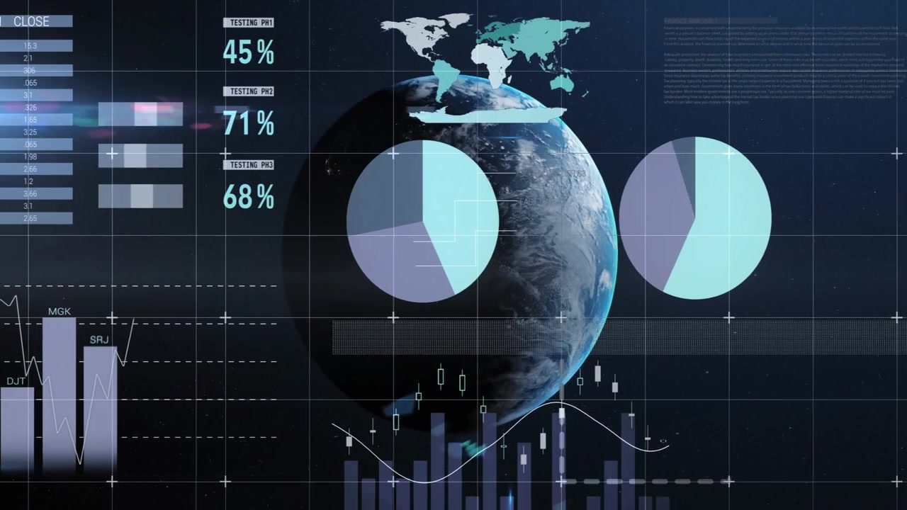 HUD opening grid overlay initiating data table, rotating globe spawning pie charts, gauges, graphs