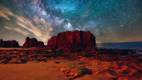 cielo nocturno estrellado sobre formaciones rocosas astro cometas junto a la costa del mar