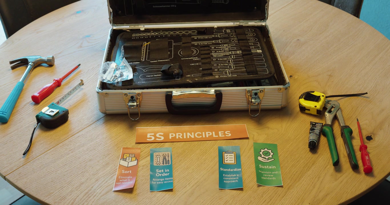Hand holding “Shine” 5S card with tools in background, representing cleaning, maintenance, and workplace organization.