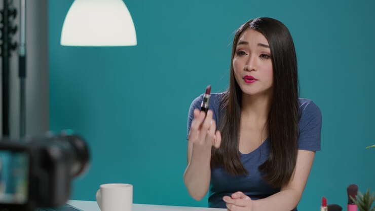 Donna asiatica che consiglia cosmetici e rossetti davanti alla telecamera