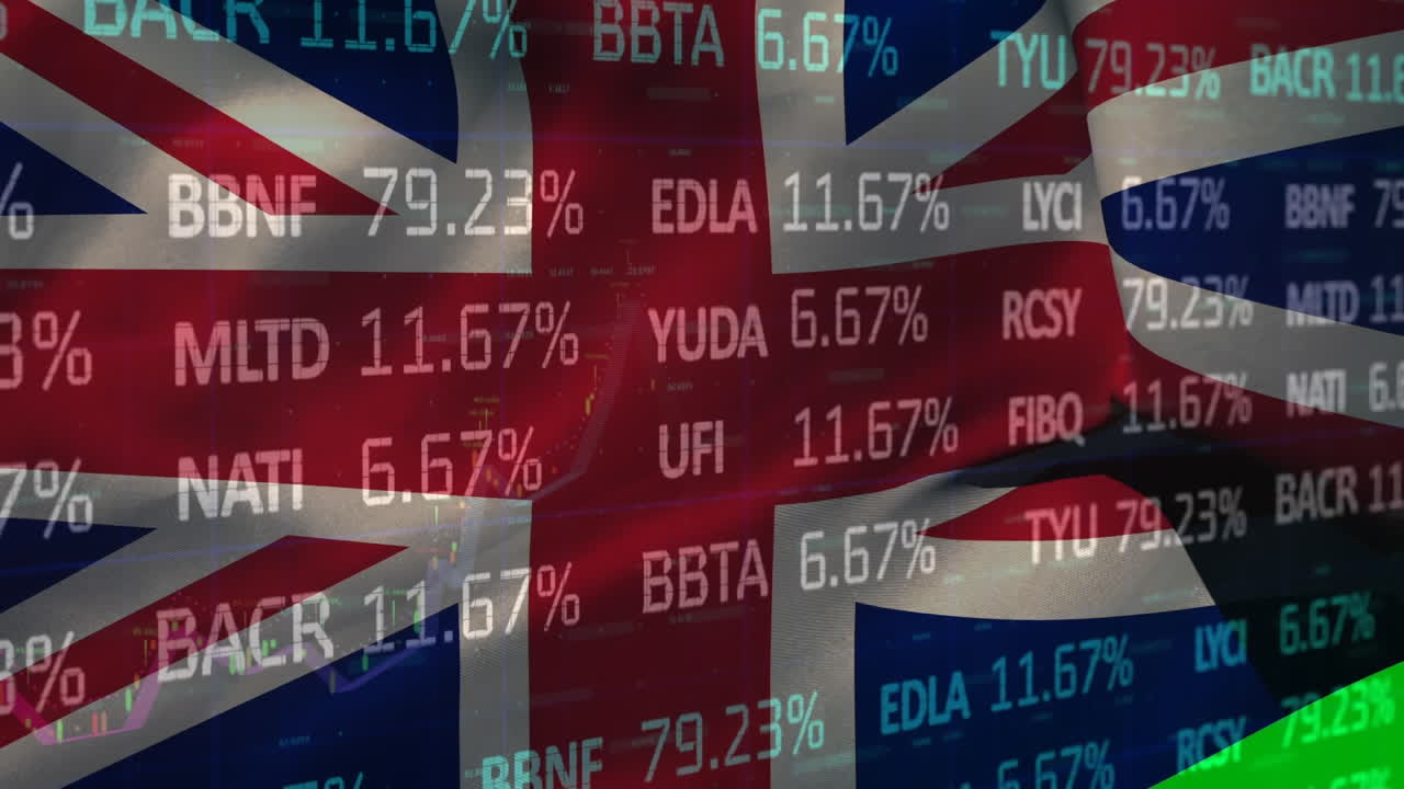Animazione dell'elaborazione di dati finanziari e di borsa sullo sfondo di una bandiera del Regno Unito sventolante.