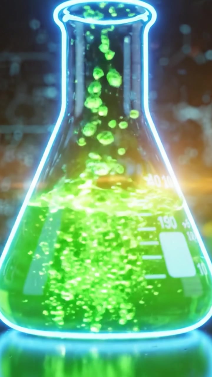 Lebendiges Laborexperiment mit fluoreszierender grüner Lösung in einem beleuchteten Kolben, das chemische Reaktionen und visuelle Effekte in einem wissenschaftlichen Umfeld zeigt