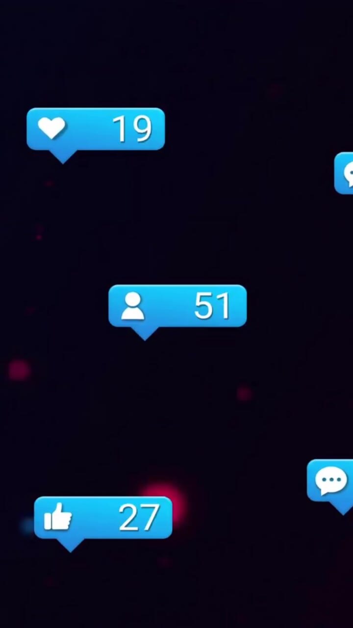 Animazione di notifiche 'Mi piace' e 'Amore' dei social media e luci colorate su sfondo nero