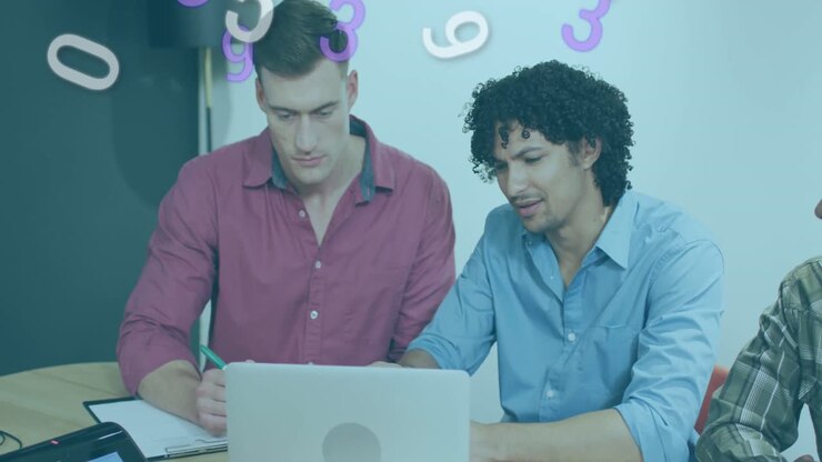 Animation of numbers and data processing over business people working in office