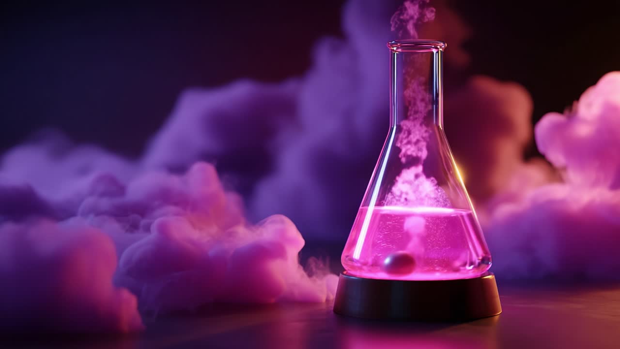 A captivating scene featuring a glowing beaker filled with vibrant pink liquid, surrounded by swirling purple mist, showcasing the magic of chemistry and the allure of experimental science in a visually stunning composition