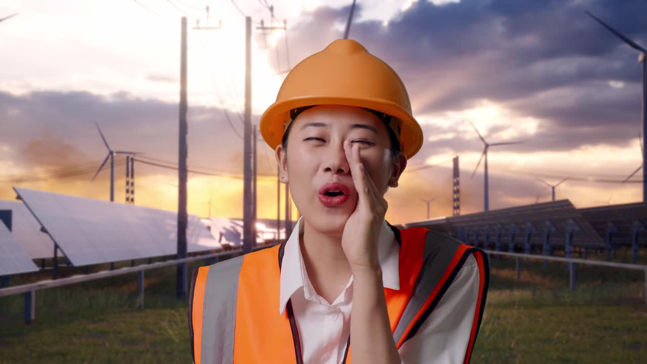 Close Up Of Asian Female Engineer With Safety Helmet Yelling With Hand Over Mouth With Solar Panel and Wind Turbines