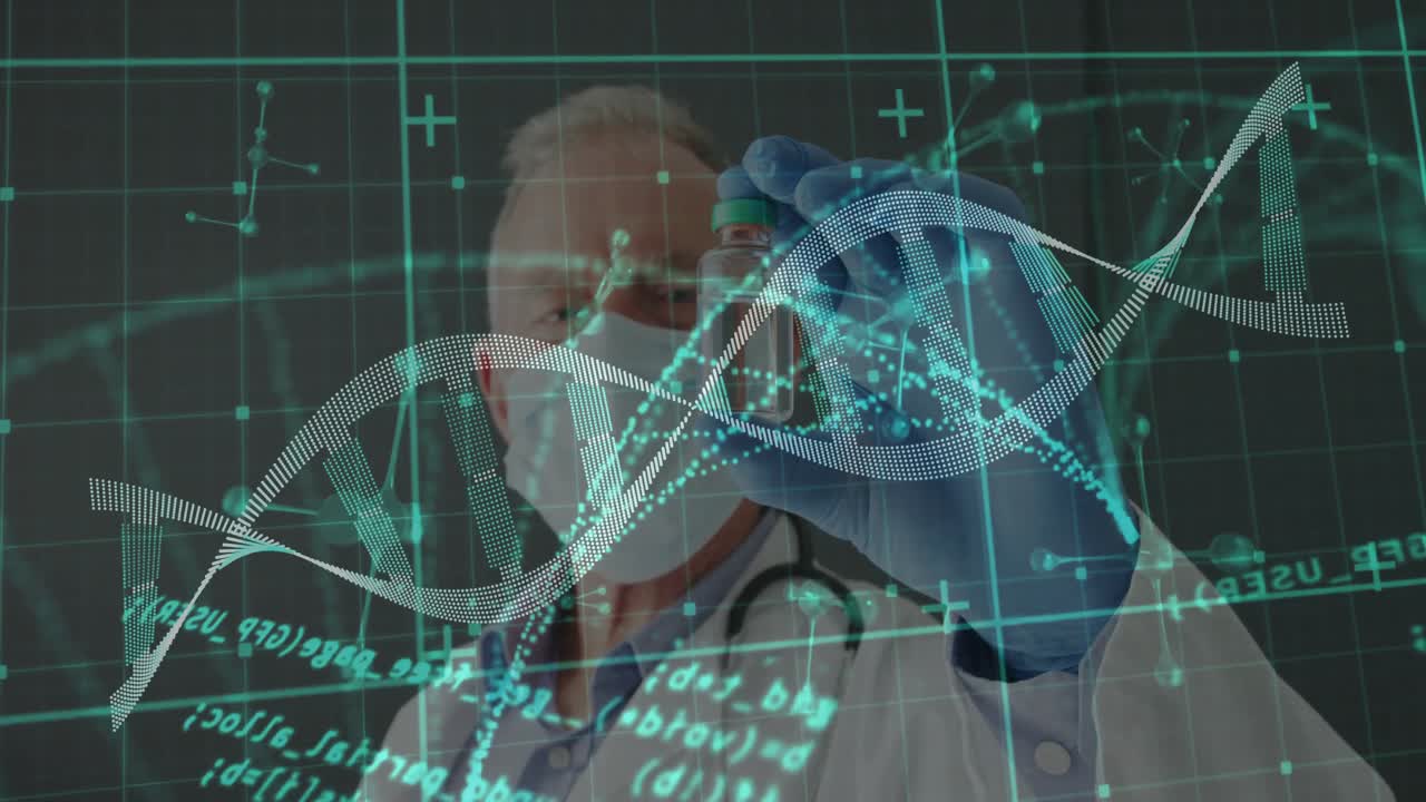 Médico sênior entrando no laboratório de pesquisa segurando um frasco, ativando uma hélice de DNA rotativa analisando a amostra